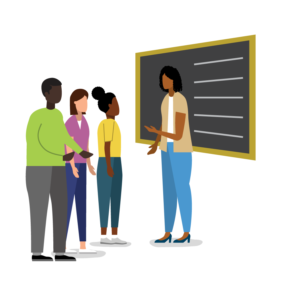 Graphic of group of people talking in front of a blackboard